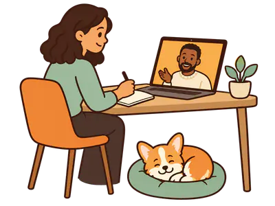 Illustration of a woman taking notes during a video session with her coach, while Biscuit naps under the desk